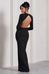 Black Long-Sleeved Open-Back Wrap Maxi Dress